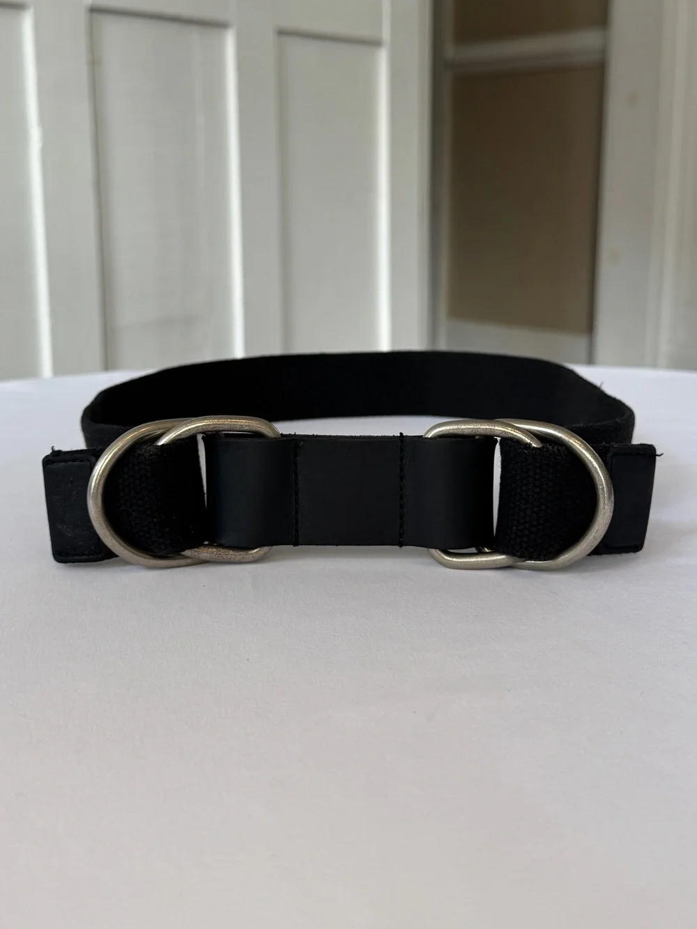 Norma Kamali Wide Double D-Ring Web Belt Black Leather Fabric Silver Buckle S